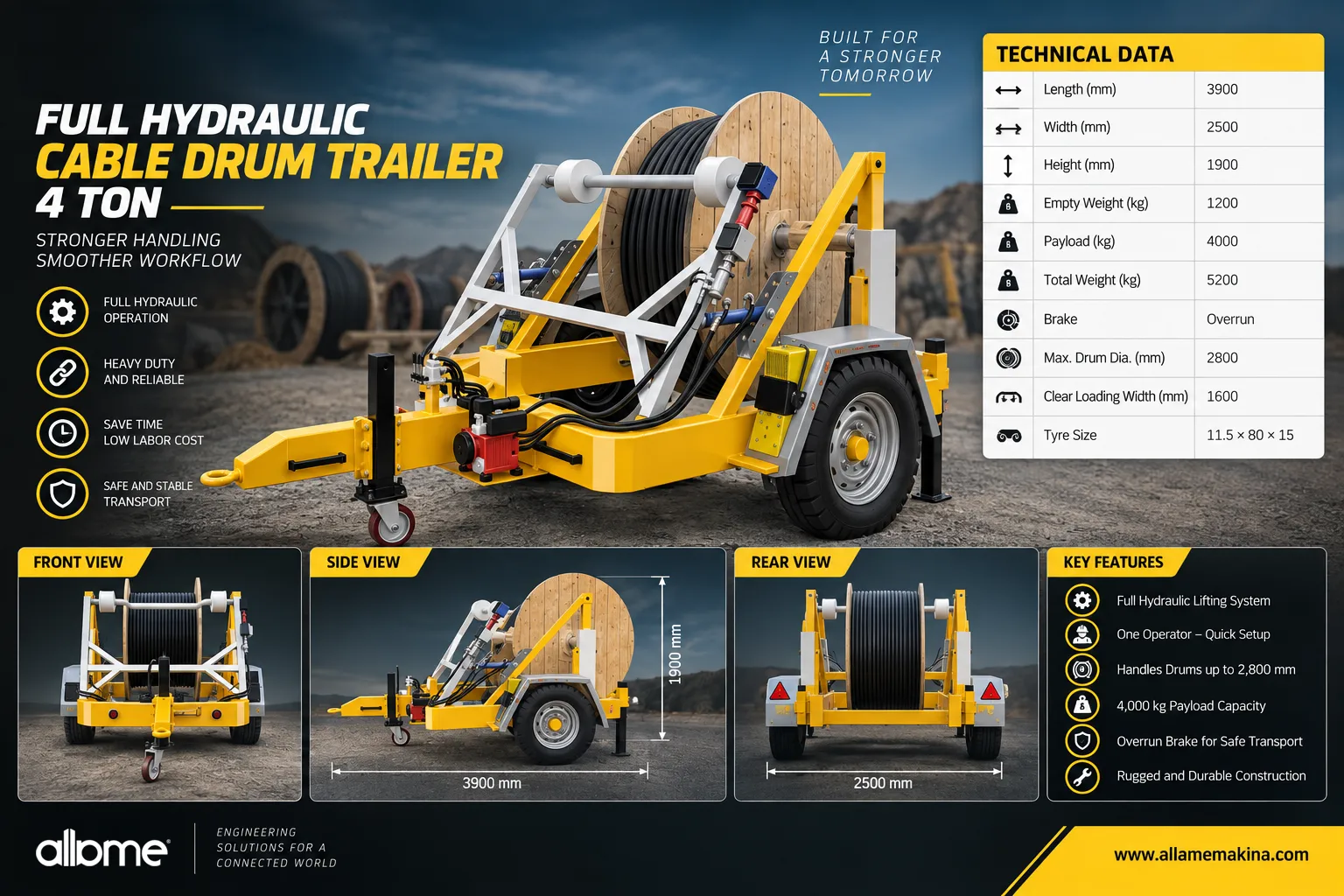Full Hydraulic Cable Drum Trailer 4 Ton Details